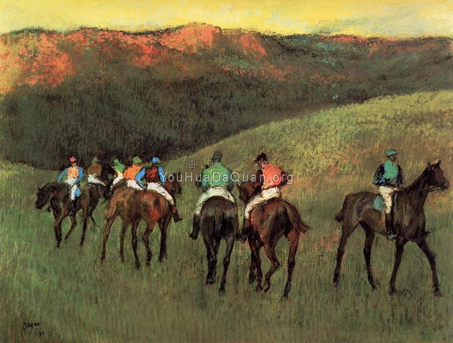Racehorses in a Landscape - 埃德加·德加
